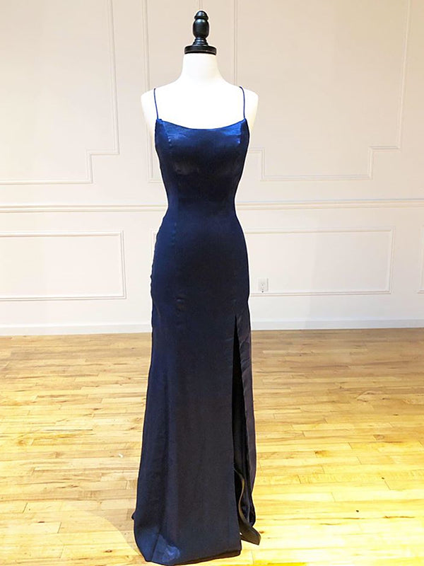 Backless Dark Navy Blue Long Prom Dresses, Dark Navy Blue Formal Graduation Evening Dresses, Custom Size / Custom Color / No Rush