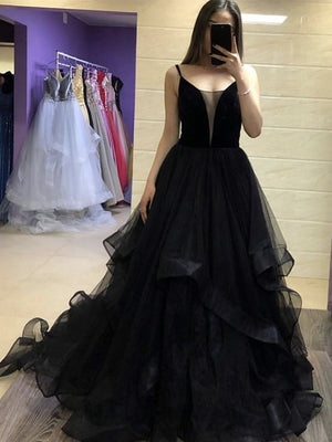 Black Tulle Long Prom Dresses, Black Tulle Long Formal Evening Dresses