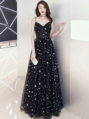 Black V Neck Long Prom Dress with Stars, Black Long Formal Evening Dresses