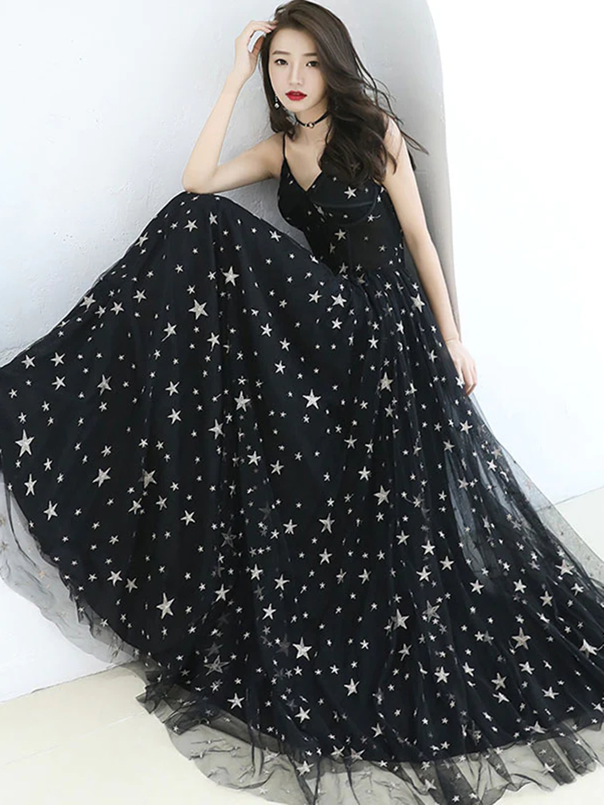 formal dresses with stars Constellation Style Tulle Navy Starry Prom Dress