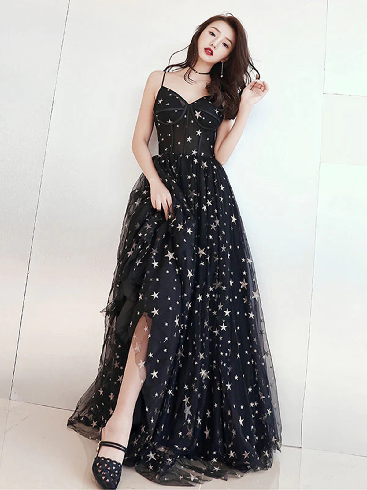 black star dress Black V Neck Long Prom Dress with Stars, Black Long Formal Evening Dresses, Custom Size / Black as Pics / No Rush
