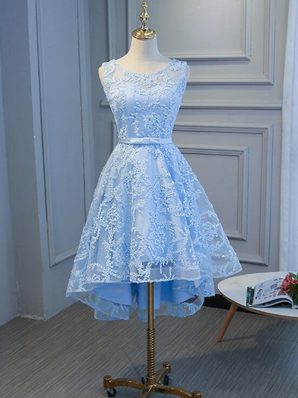 Blue High Low Lace Prom Dresses, Blue High Low Lace Graduation Homecoming Dresses