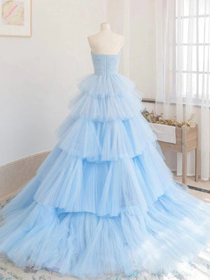 Blue High Low Tulle Prom Dresses, Blue Tulle High Low Formal Graduation Dresses