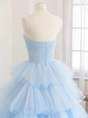 Blue High Low Tulle Prom Dresses, Blue Tulle High Low Formal Graduation Dresses