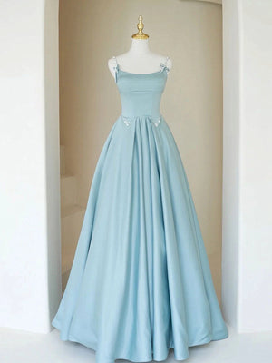 Blue Long Beaded Prom Dresses, Long Blue Beaded Formal Evening Dresses