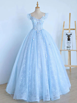 Blue Long Lace Floral Prom Dresses, Long Blue Lace Formal Evening Dresses with Flowers