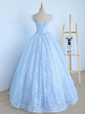 Blue Long Lace Floral Prom Dresses, Long Blue Lace Formal Evening Dresses with Flowers