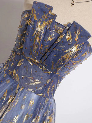 Blue Ombre Long Lace Prom Dresses, Blue Long Lace Tulle Formal Evening Dresses