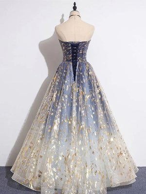 Blue Ombre Long Lace Prom Dresses, Blue Long Lace Tulle Formal Evening Dresses