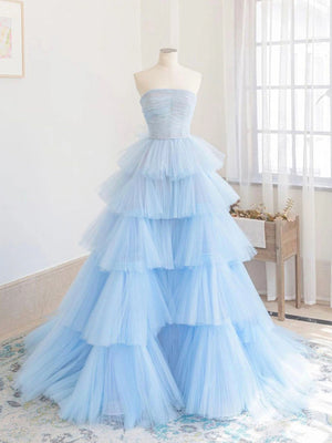 Blue Tulle High Low Prom Dresses, Blue Tulle High Low Formal Graduation Dresses