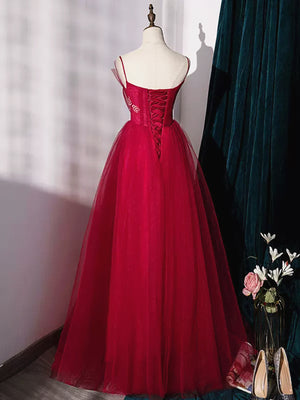 Burgundy Layered Tulle Long Prom Dresses, Wine Red Long Formal Evening Dresses