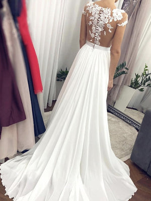 Cap Sleeves White Lace Wedding Dresses, White Lace Long Prom Formal Dresses