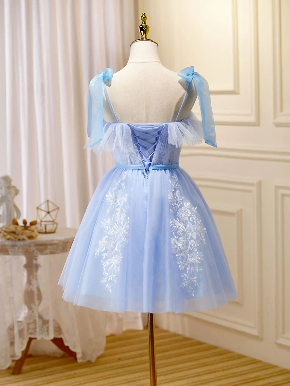 Cute Short Blue Lace Prom Dresses, Short Blue Lace Formal Graduation Dresses Cute Short Blue Lace Prom Dresses, Short Blue Lace Formal Graduation Dresses