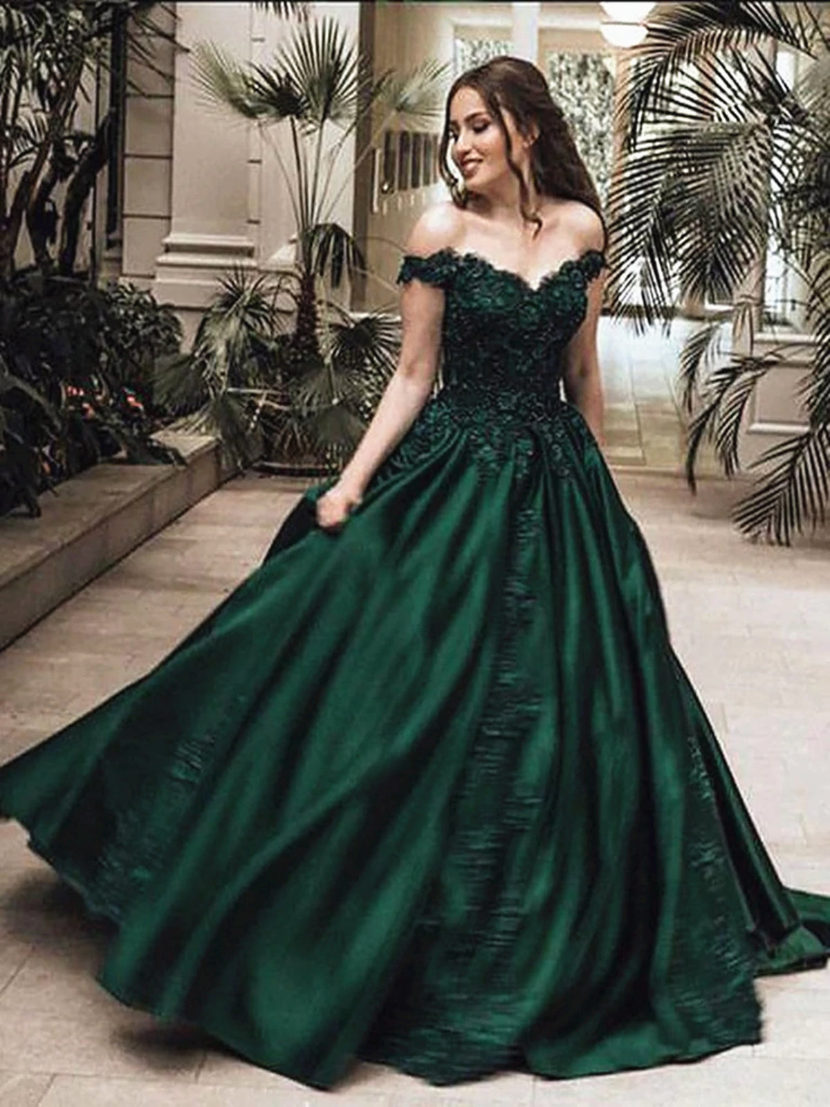 Dark Green Off the Shoulder Lace Prom Dress, Sweetheart Green Lace For -  shegown