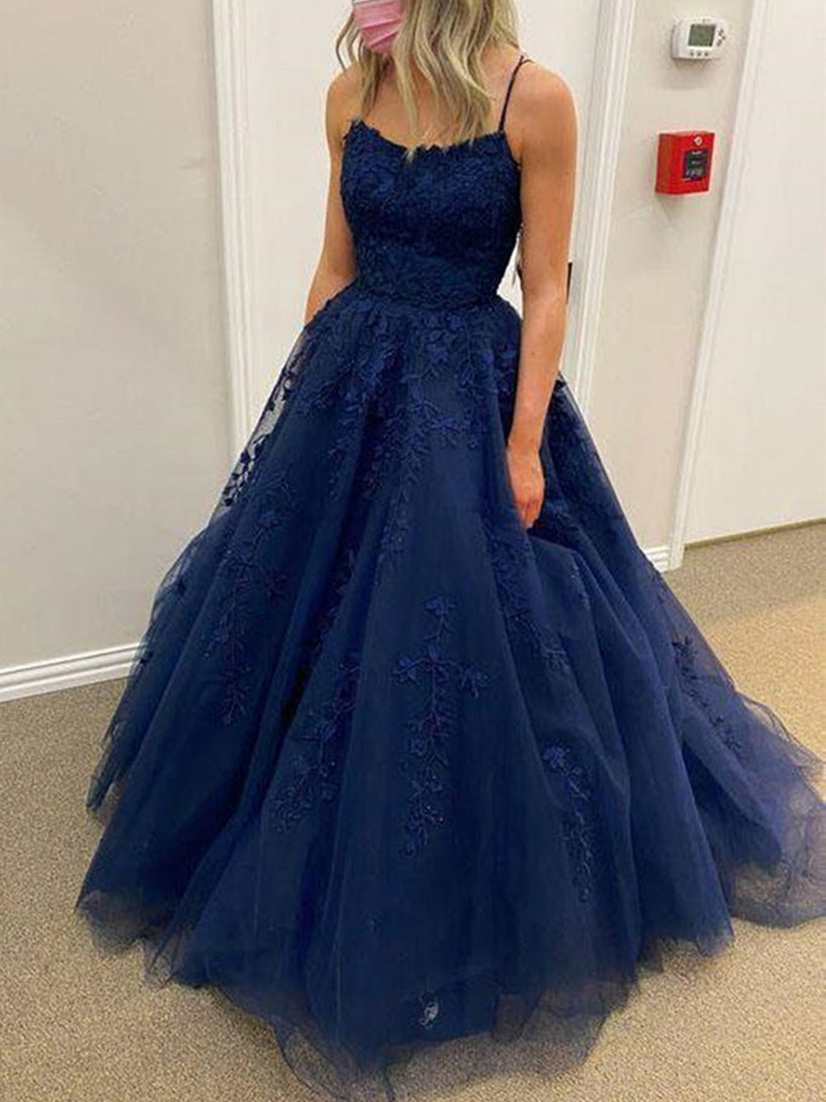 Dark Navy Blue Lace Prom Dresses, Dark Navy Blue Lace Formal Evening Dresses