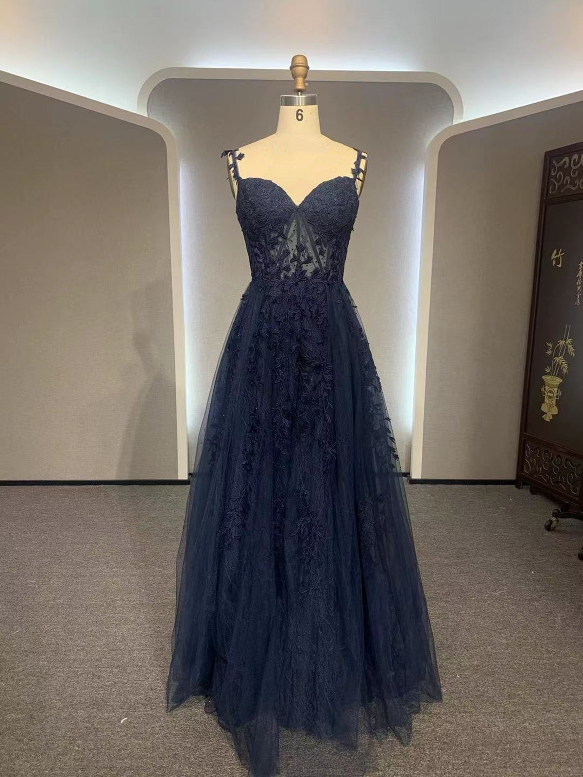 midnight blue lace prom dress La Femme Sleek Lace-Corset Long Prom Dress