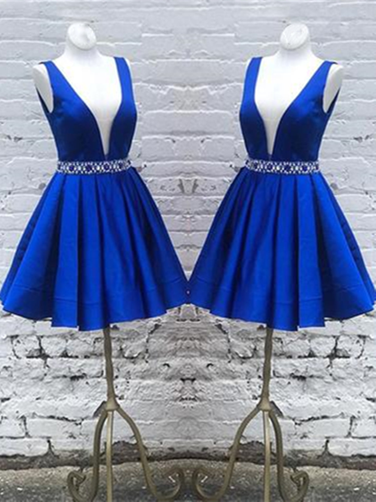 Deep V Neck Royal Blue Short Satin Prom Dresses, Royal Blue V Neck Sho - shegown Deep V Neck Royal Blue Short Satin Prom Dresses, Royal Blue V Neck Sho - shegown