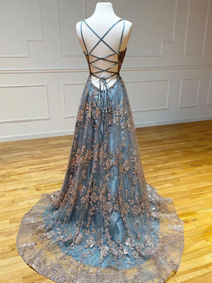Gray Tulle Sequins Long Prom Dresses, A-Line Spaghetti Straps Formal Dresses