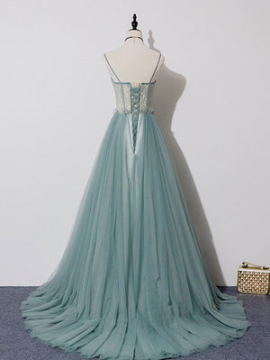 Green A Line Lace Long Prom Dresses, A Line Green Lace Long Formal Evening Dresses