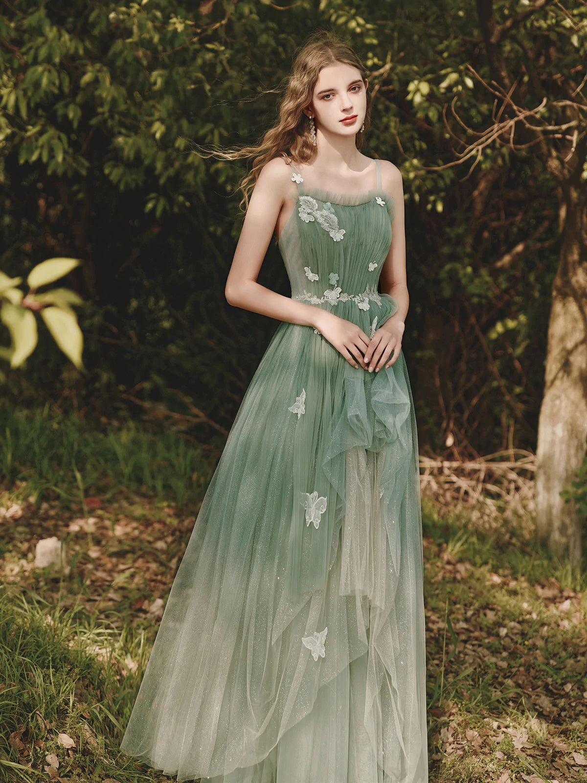 Green Tulle Floral High Low Prom Dresses, Green Tulle Floral High Low - shegown Green Tulle Floral High Low Prom Dresses, Green Tulle Floral High Low - shegown