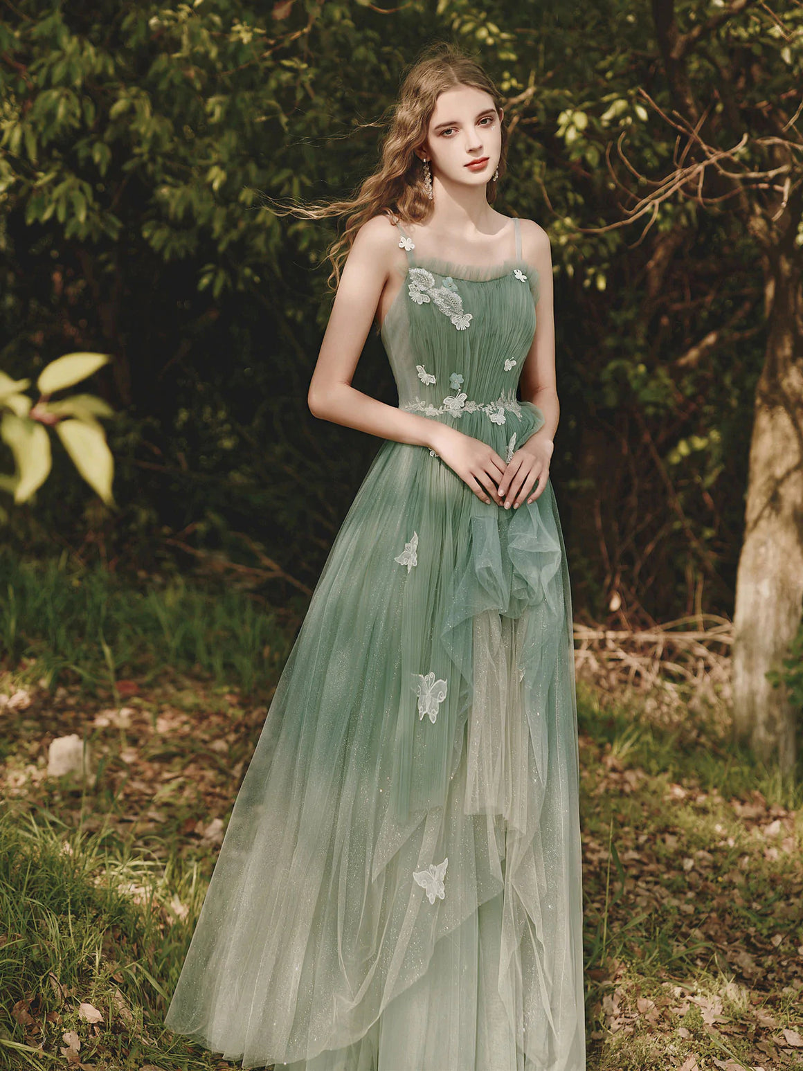 Green Tulle Floral High Low Prom Dresses, Green Tulle Floral High Low Formal Evening Dresses