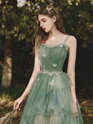 Green Tulle Floral High Low Prom Dresses, Green Tulle Floral High Low Formal Evening Dresses