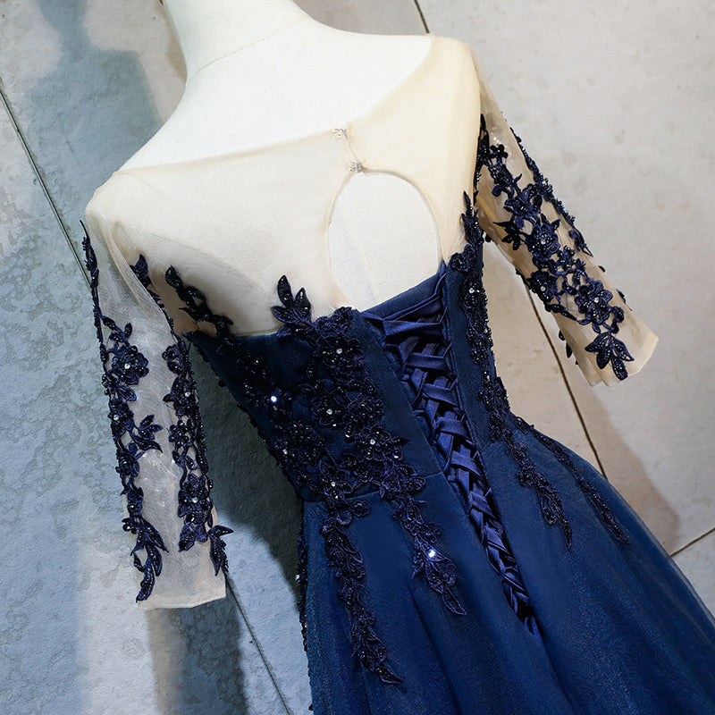 Half Sleeves Navy Blue Long Lace Prom Dresses, Dark Navy Blue Long Lac - shegown Half Sleeves Navy Blue Long Lace Prom Dresses, Dark Navy Blue Long Lac - shegown