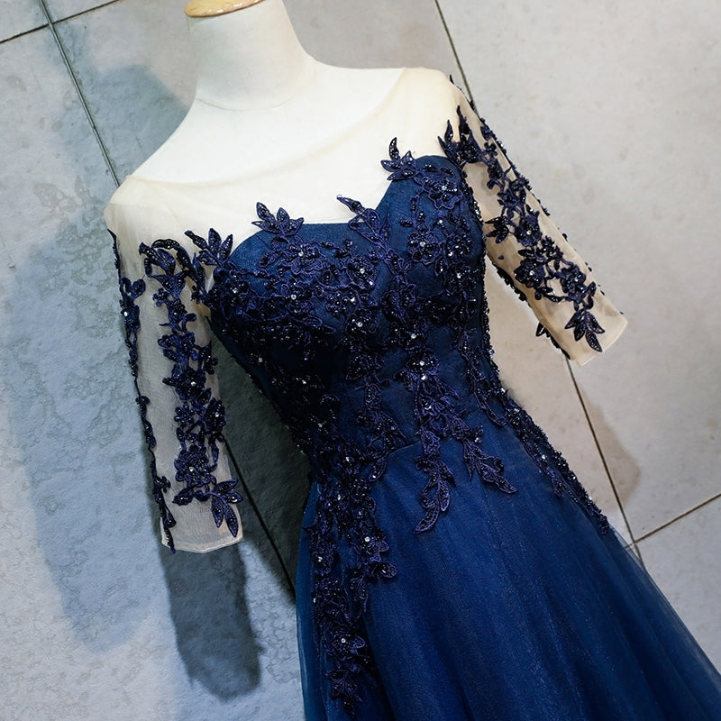 Half Sleeves Navy Blue Long Lace Prom Dresses, Dark Navy Blue Long Lac - shegown Half Sleeves Navy Blue Long Lace Prom Dresses, Dark Navy Blue Long Lac - shegown