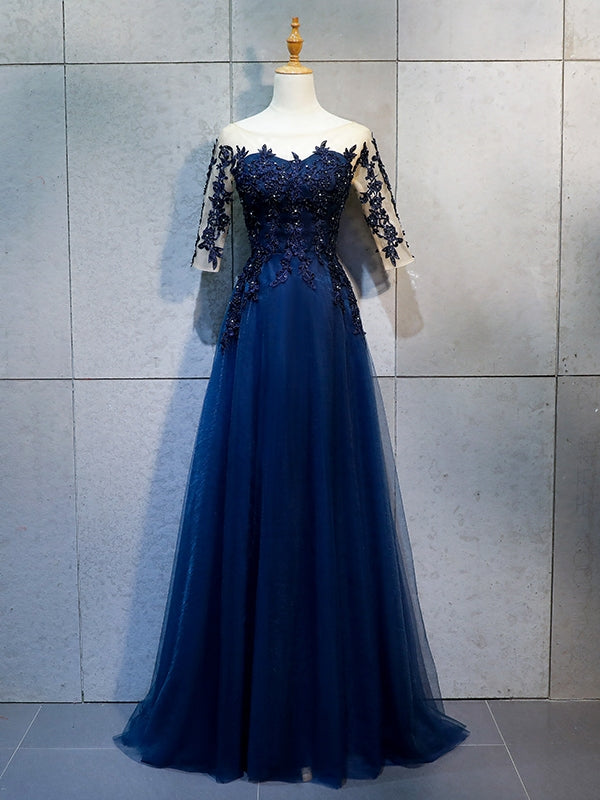 Half Sleeves Navy Blue Long Lace Prom Dresses, Dark Navy Blue Long Lace Formal Bridesmaid Dresses, Custom Size / Custom Color / With Rush+$19.99
