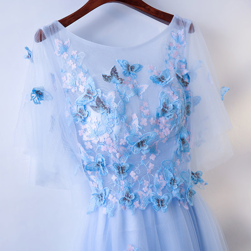 Half Sleeves Round Neck Blue Floral Long Prom Dresses, Blue Long Formal Evening Dresses With Flower, Custom Size / Custom Color / With Rush+$19.99 Half Sleeves Round Neck Blue Floral Long Prom Dresses, Blue Long Formal Evening Dresses With Flower, Custom Size / Custom Color / With Rush+$19.99
