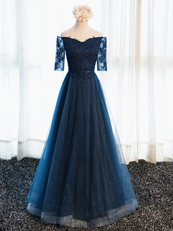 Half Sleeves Navy Blue Long Lace Prom Dresses, Navy Blue Lace Formal Bridesmaid Dresses, US 4 / Custom Color / With Rush+$19.99