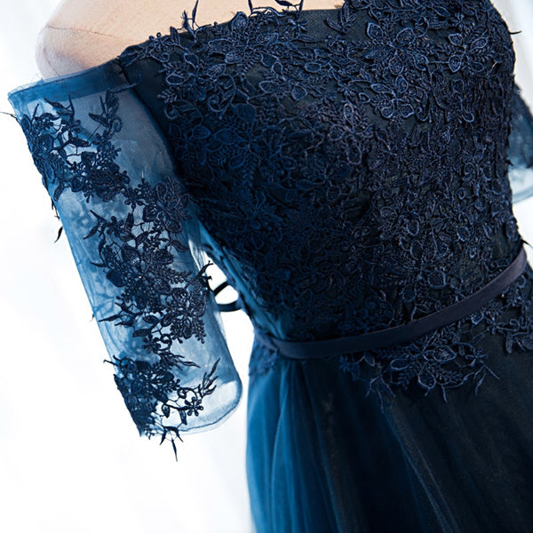 Half Sleeves Navy Blue Long Lace Prom Dresses, Navy Blue Lace Formal B - shegown Half Sleeves Navy Blue Long Lace Prom Dresses, Navy Blue Lace Formal B - shegown