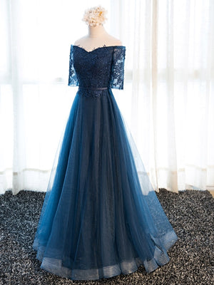 Half Sleeves Navy Blue Long Lace Prom Dresses, Navy Blue Lace Formal Bridesmaid Dresses