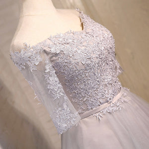 Half Sleeves Short Gray Blue Lace Prom Dresses, Short Gray Blue Lace Homecoming Bridesmaid Dresses