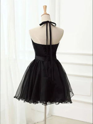 Halter Neck Short Black Prom Dresses, Short Black Graduation Homecoming Dresses, Little Black Dresses