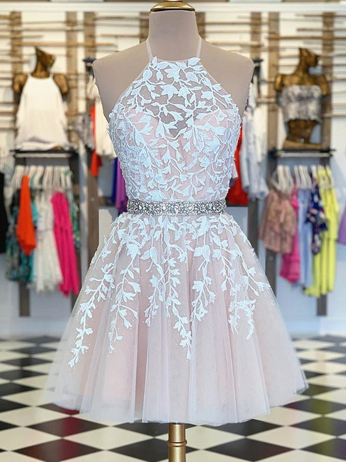 Halter Neck Short Champagne Lace Prom Dresses, Halter Neck Short Champagne Lace Homecoming Dresses, US 14 / Custom Color / With Rush+$19.99 Halter Neck Short Champagne Lace Prom Dresses, Halter Neck Short Champagne Lace Homecoming Dresses, US 14 / Custom Color / With Rush+$19.99