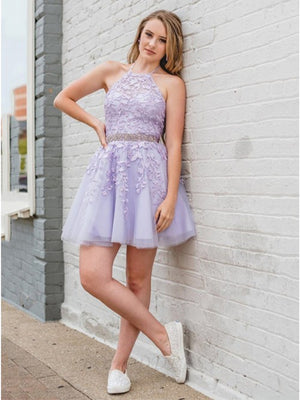 Halter Neck Short Purple Lace Prom Dresses, Short Halter Neck Purple Lace Formal Homecoming Dresses