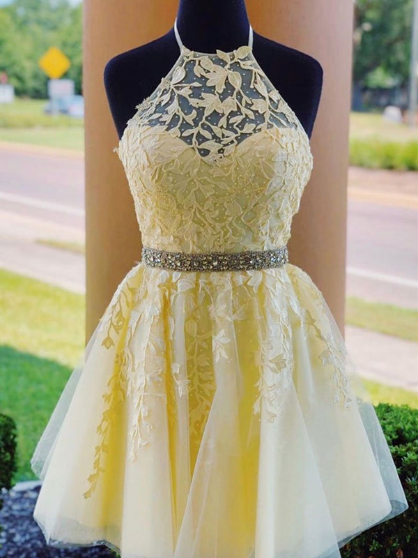 Halter Neck Short Yellow Lace Prom Dressses, Backless Short Yellow Lace Formal Homecoming Dresses, Custom Size / Custom Color / With Rush+$19.99