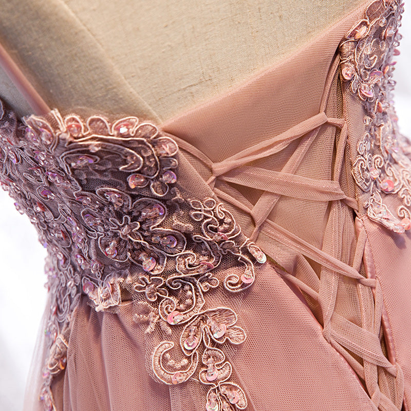 High Low Pink Lace Prom Dresses, Pink High Low Formal Graduation Homec - shegown High Low Pink Lace Prom Dresses, Pink High Low Formal Graduation Homec - shegown