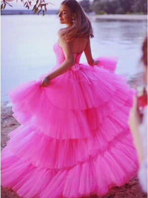 Hot Pink High Low Prom Dresses, High Low Hot Pink Formal Evening Dresses