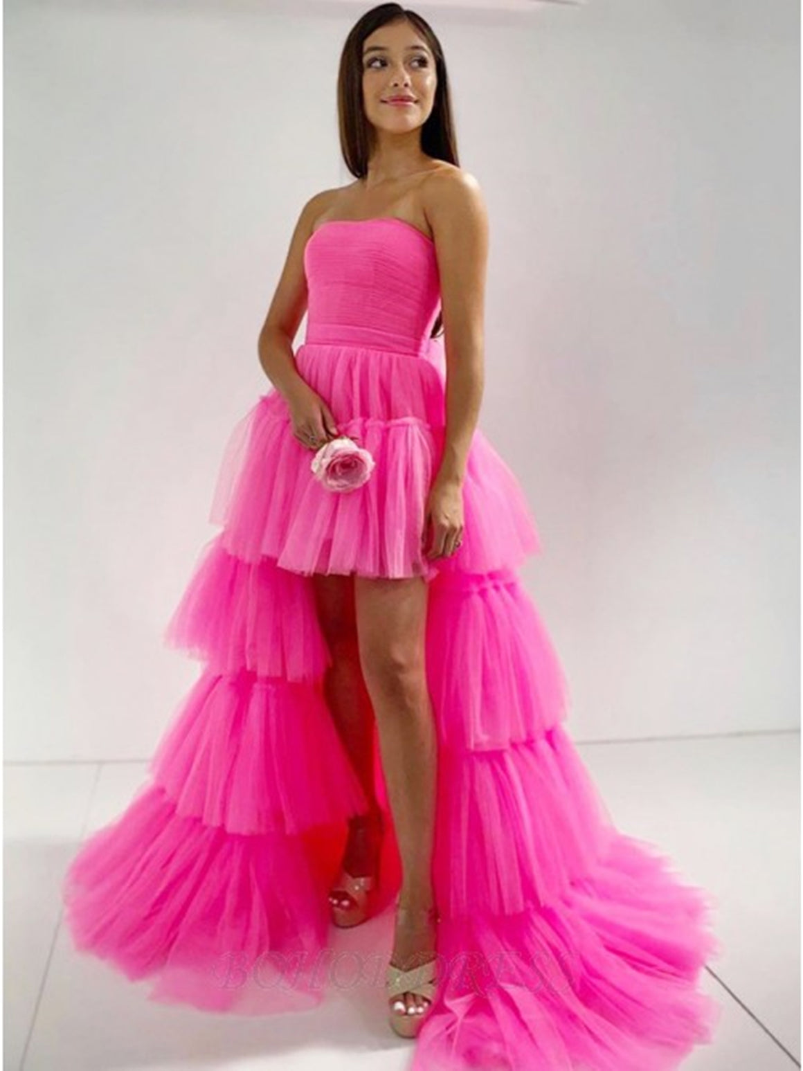 Hot Pink High Low Prom Dresses, High Low Hot Pink Formal Evening Dresses