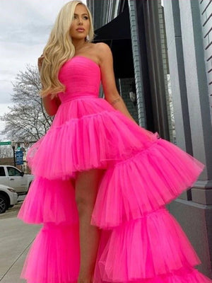 Hot Pink High Low Tulle Prom Dresses, High Low Pink Tulle Formal Graduation Dresses