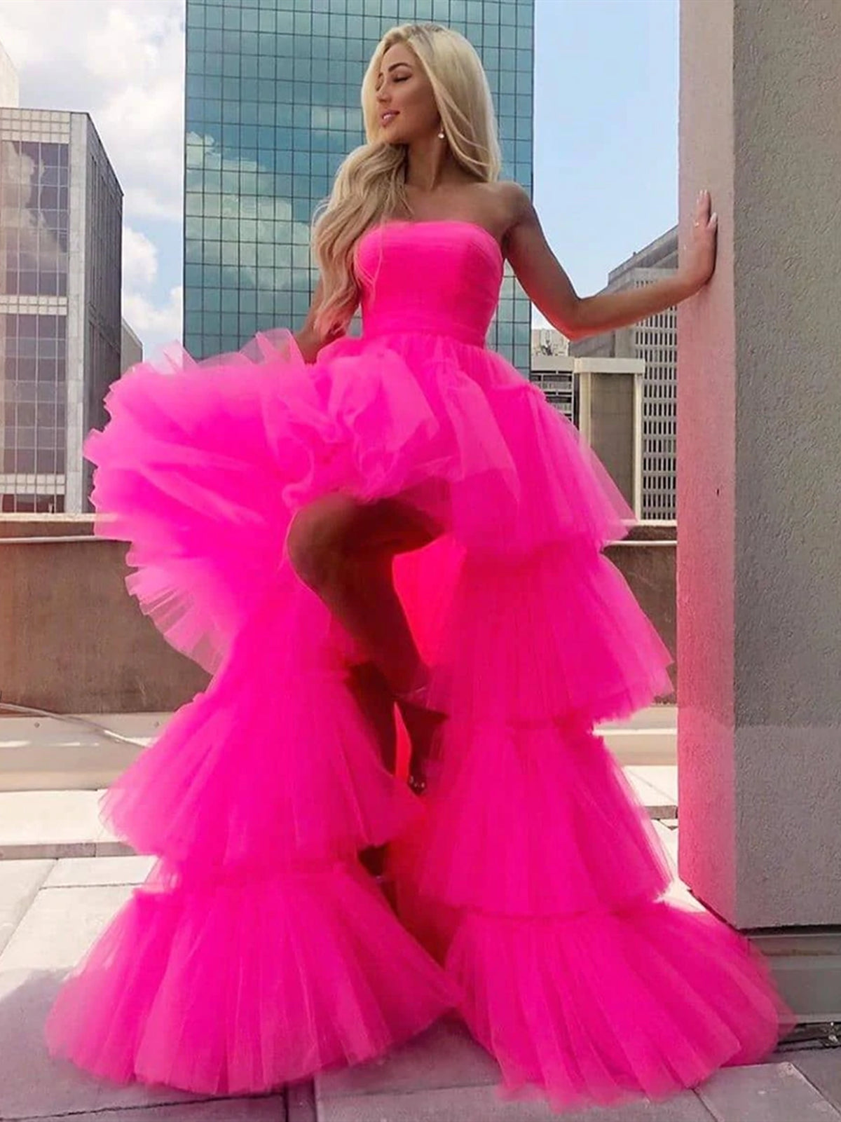 Hot Pink High Low Tulle Prom Dresses, High Low Pink Tulle Formal