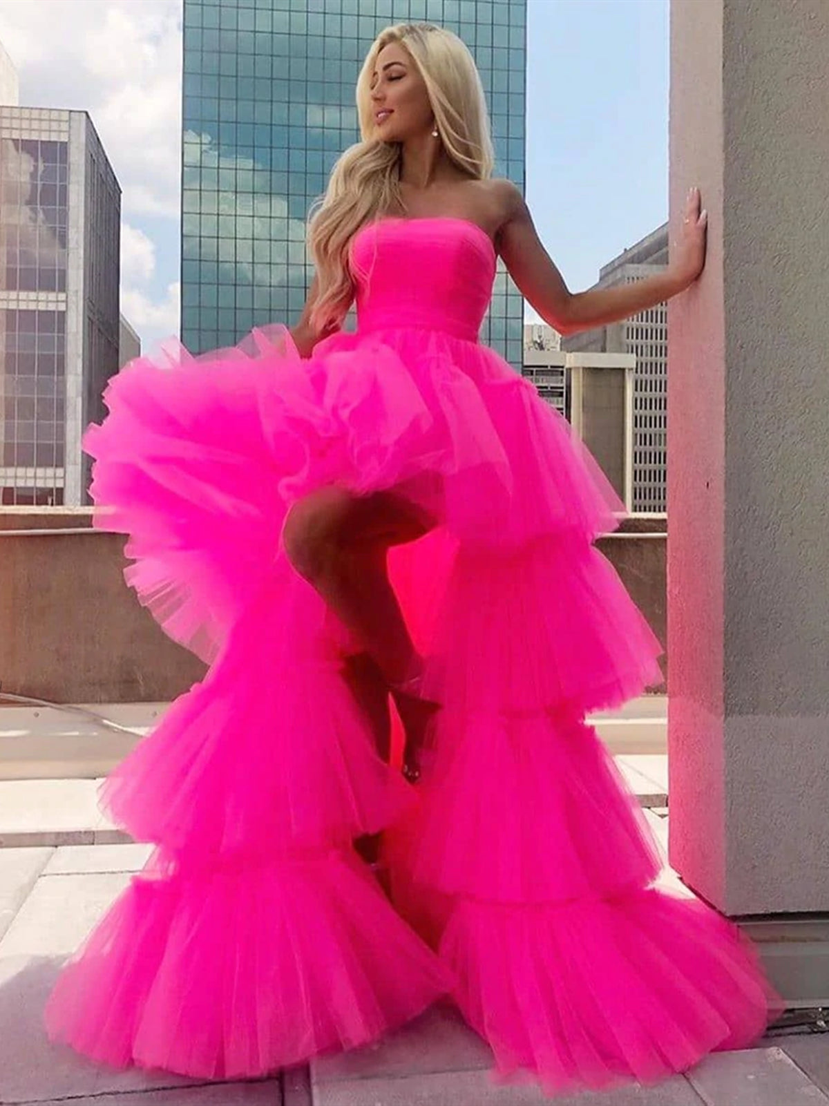 Hot Pink High Low Tulle Prom Dresses, High Low Pink Tulle Formal Graduation Dresses Hot Pink High Low Tulle Prom Dresses, High Low Pink Tulle Formal Graduation Dresses