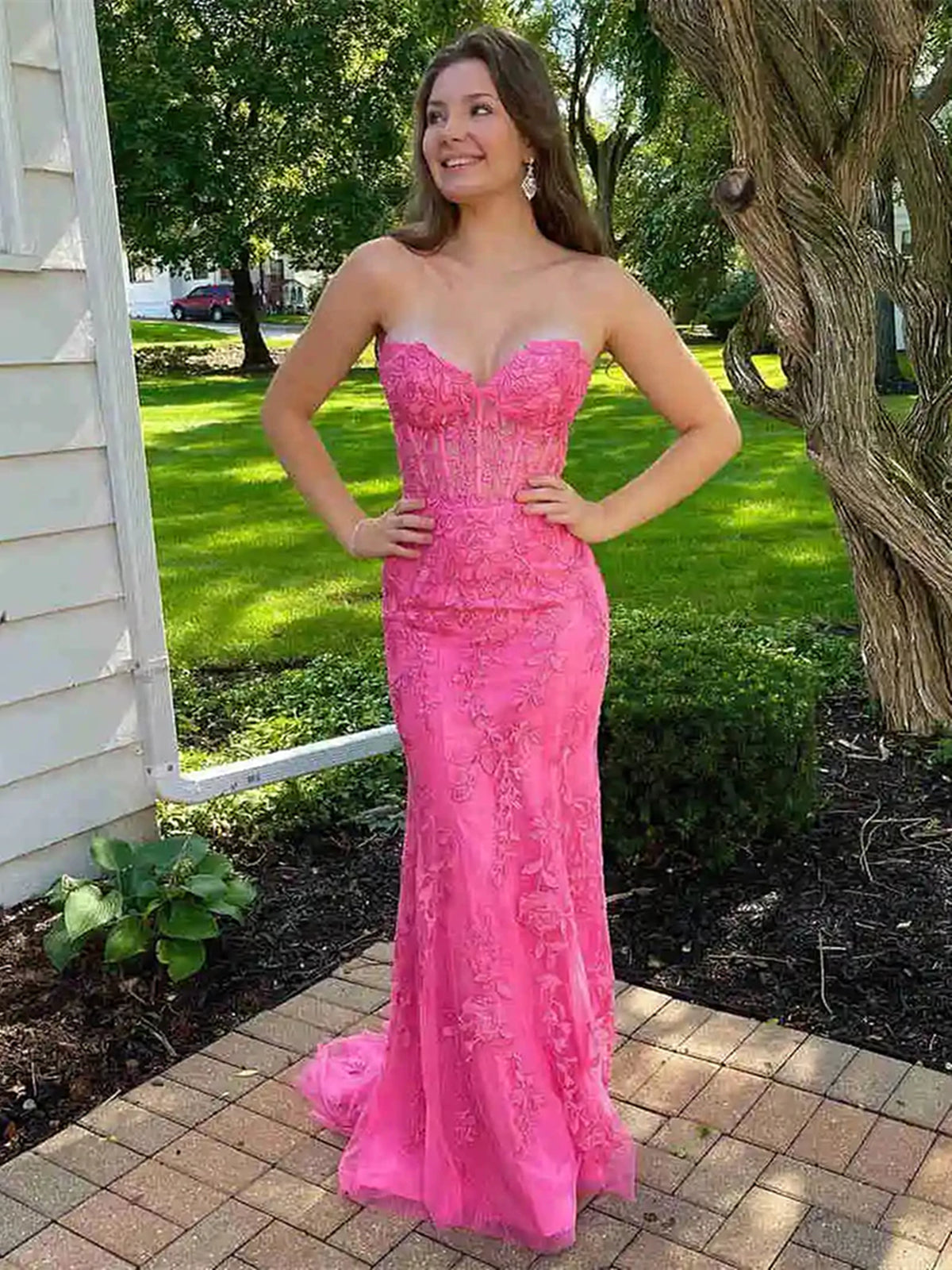 Hot Pink Mermaid Lace Prom Dresses, Pink Mermaid Lace Formal Graduation Dresses Hot Pink Mermaid Lace Prom Dresses, Pink Mermaid Lace Formal Graduation Dresses