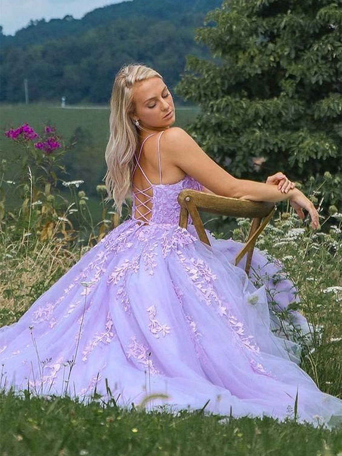 Lavender Applique Tulle Long Prom Dresses, Purple Lace Graduation Dresses Formal Gown Lavender Applique Tulle Long Prom Dresses, Purple Lace Graduation Dresses Formal Gown