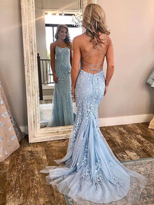 Light Blue Backless Mermaid Lace Prom Dresses, Open Back Blue Mermaid Lace Formal Evening Dresses