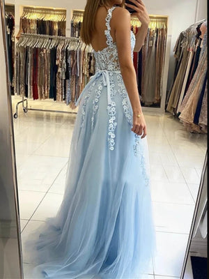Long Blue Lace Floral Prom Dresses, Blue Lace Formal Graduation Dresses