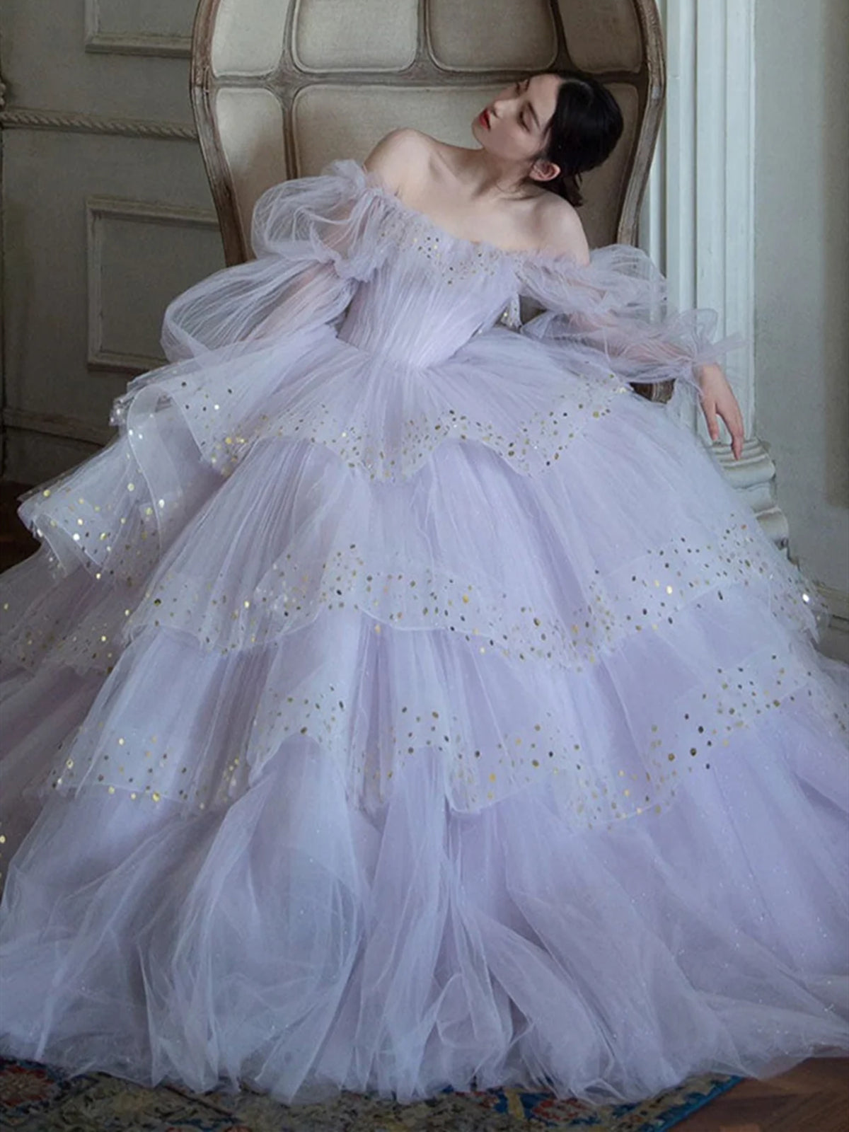 Long Sleeves Light Purple Layered Prom Dresses, Purple Beaded Formal E - shegown Long Sleeves Light Purple Layered Prom Dresses, Purple Beaded Formal E - shegown