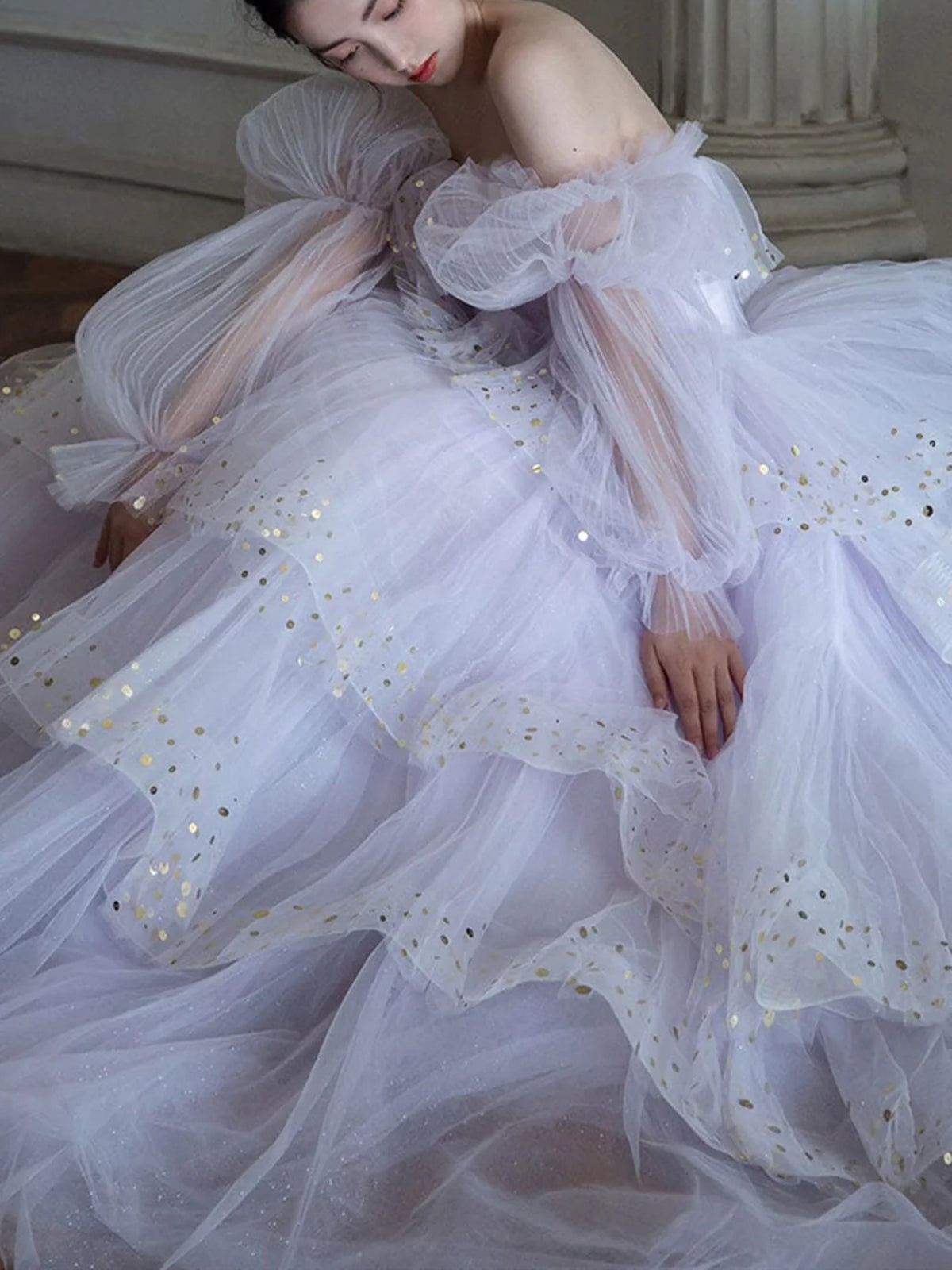 Long Sleeves Light Purple Layered Prom Dresses, Purple Beaded Formal Evening Dresses, US 4 / Purple as Pics / No Rush Long Sleeves Light Purple Layered Prom Dresses, Purple Beaded Formal Evening Dresses, US 4 / Purple as Pics / No Rush
